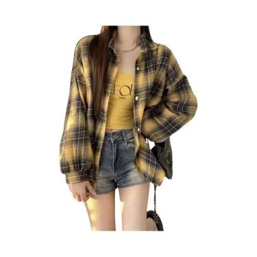 Imagem de Camisa Jaqueta Feminina Oversized Xadrez Tartan Manga Longa Com Botões