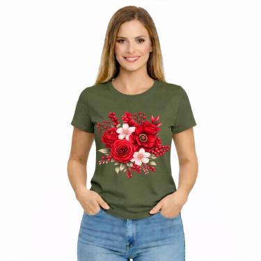 Imagem de Camiseta Feminina Estampada Rosa Flores Vermelhas Premium-Feminino