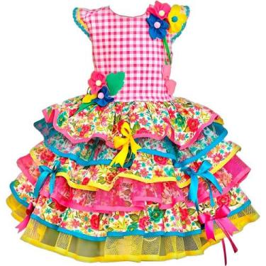 Imagem de Vestido Festa Junina Infantil Rosa Xadrez e Floral de Luxo Com Saia Ro