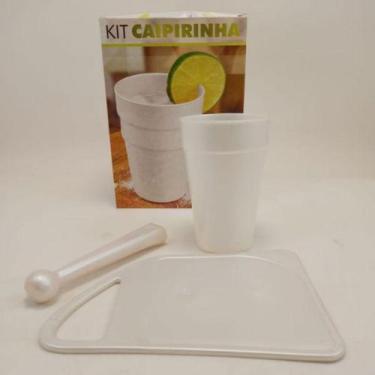 Imagem de Kit caipirinha amassador, tabua e copo 450ml branco perolado - N10