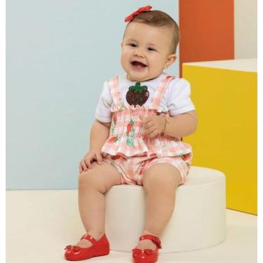 Imagem de Macacão Curto Luxo Bebê Menina Finta Jardineira Verão 7365 - Lessa Kid