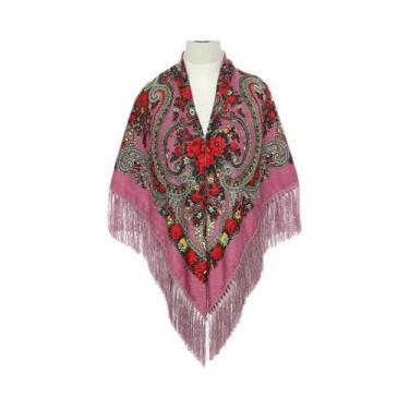 Imagem de Lenço Feminino Retrô De Algodão Estampado Com Franjas 51x51in, Xale, H