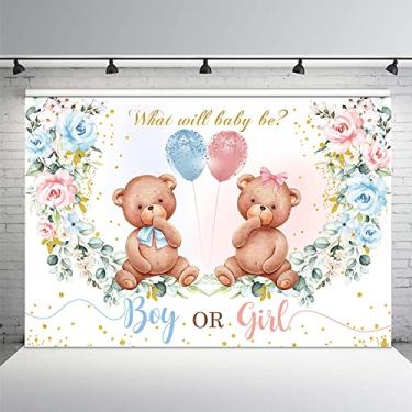Imagem de MEHOFOND 2,1 x 1,5 m Urso revelador de gênero para festa de chá de bebê menino ou menina blush rosa azul floral fotografia fundo decoração festa balões azuis e rosa confete dourado cabine fotográfica