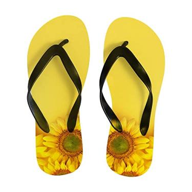 Imagem de Chinelo feminino com girassóis fundo amarelo fino sandálias de praia leves de verão para mulheres e homens chinelos de viagem, Multicor, 10-11 Narrow Women/8-9 Narrow Men