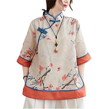 Imagem de Yajun Blusa feminina Cheongsam estilo tradicional chinês top macio algodão linho camisetas soltas vintage fivela hanfu tang, laranja, G (busto: 108cm)