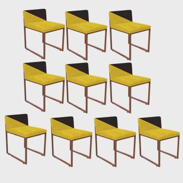 Imagem de Kit 10 Cadeira Office Lee Duo Sala de Jantar Industrial Ferro Bronze Suede Amarelo e Marrom - Ahazzo Móveis