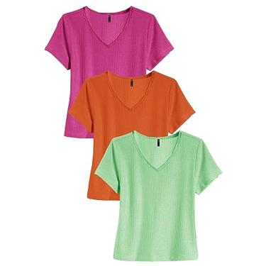 Imagem de Kit 3 Camisetas Blusinhas Feminina Casual Manga Curta Gola V (P, Laranja - Verde - Pink)