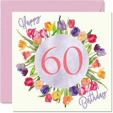 Imagem de Lindos cartões de aniversário de 60 anos para mulheres - buquê de flores de tulipas aquarela - cartão de feliz aniversário para sua avó, babá, avó 14 x 14 cm, lindo presente floral cartões de felicitações