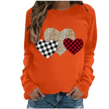 Imagem de SHOPESSA Camisas de Dia dos Namorados para Mulheres Love Heart Graphic T-Shirt Gola Redonda Jersey Roupas de Primavera para Mulheres 2024, Tops de coração laranja, XXG