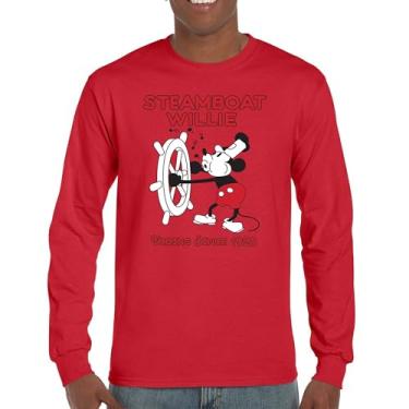 Imagem de Camiseta de manga comprida Steamboat Willie Vibing Since 1928 icônica retrô desenho animado mouse atemporal clássico vintage Vibe, Vermelho, M