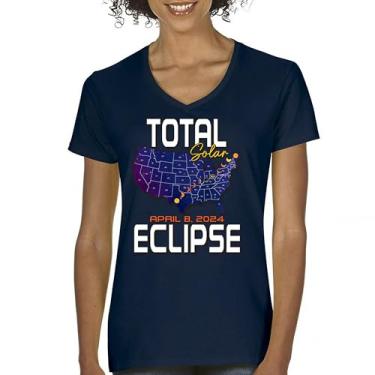 Imagem de Total Solar Eclipse Map Camiseta feminina gola V relógio apenas com óculos eclipse 8 abril 2024 festa astronomia sol lua camiseta, Azul marinho, P