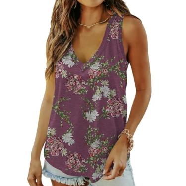 Imagem de DB MOON Camisetas femininas de verão sem mangas, gola V profunda, caimento solto, Vinho, floral, GG
