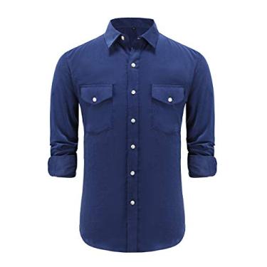 Imagem de Dioufond Camisa masculina de veludo cotelê de manga comprida para hombres, Camisas de veludo cotelê azul marinho, GG
