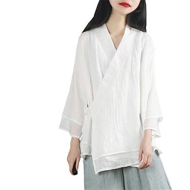 Imagem de Blusas étnicas estilo chinês roupas femininas algodão linho sólido vintage tang terno decote em V blusa solta primavera fina Hanfu, Branco, Tamanho Único