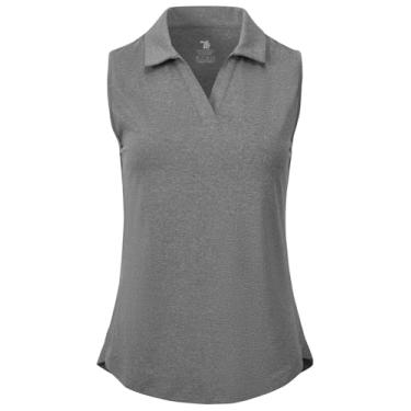Imagem de BGOWATU Camisetas polo femininas sem mangas com gola V e gola V, FPS 50+, secagem rápida, leve, Cinza escuro, XXG