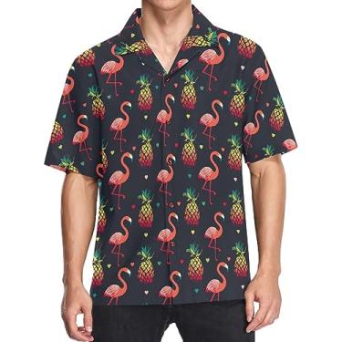 Imagem de visesunny Camisa masculina casual de botão manga curta havaiana flamingo brilhante abacaxi e coração Aloha, Multicolorido, G