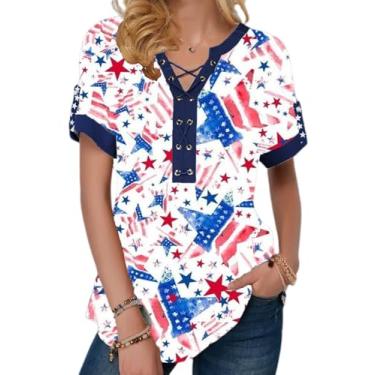 Imagem de Camiseta feminina bandeira americana 4th of July Star Stripes Ring Hole Camisetas EUA manga curta gola V patriótica, Branco, G