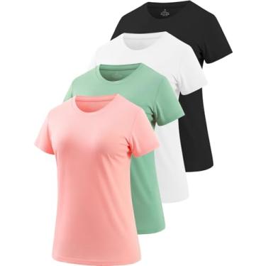 Imagem de Cosy Pyro Pacote com 4 camisetas femininas de manga curta de algodão com gola redonda macia e sólida, Preto/Branco/Verde/Rosa, M