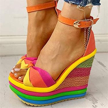 Imagem de Sandálias plataforma alpargatas para mulheres, verão bico aberto tira no tornozelo salto alto arco-íris casual praia cunha sandálias peep toe sapatos (branco: laranja, tamanho: 39)