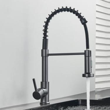 Imagem de Torneira de cozinha pull out stream pulverizador deck montado preto fosco torneira misturadora rotação de 360 graus pia da cozinha torneiras frias, arma cinza