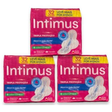 Imagem de Kit C/96 Absorvente Feminino Intimus Tripla Proteção Com Abas Cobertura Seca Seco Uso Externo Intensidade Médio Ideal para o Dia com Algodão Papel Siliconado e Gel