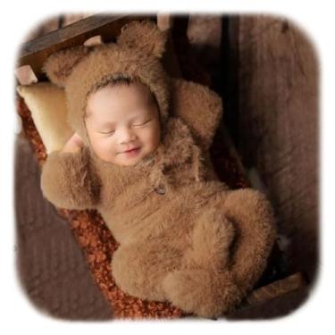 Imagem de Ederafoto 2 peças de adereços para fotografia de recém-nascidos, roupas de posar para fotos de bebê, sessões de fotos, meninas, gorro de urso de crochê, Marrom B, suit for 0-1 month babies