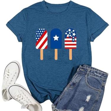 Imagem de Camiseta feminina 4th of July American Independent Day Carnaval, bandeira dos EUA, listras e coração, camiseta gráfica, Azul marino, XGG