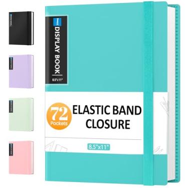 Imagem de Sooez Fichário de 72 bolsos com mangas de plástico e faixa elástica, grande capacidade de 21 x 27 cm, 144 páginas, pasta de documentos de portfólio de arte com protetores de folha transparentes para