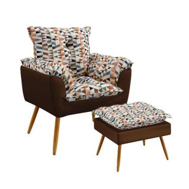 Imagem de Poltrona Decorativa Opala com Puff Lunar Sued Estampado Laranja com Ma