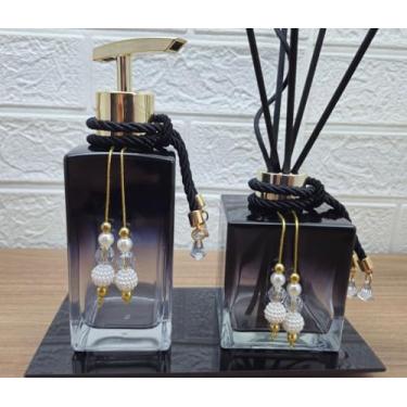 Imagem de Kit Lavabo Jogo Banheiro Luxo Difusor Porta Sabonete Líquido Bandeja Decorativa Conjunto Pia Dispenser Aromatizador Organizadores Decoração Banheiro - Luiggi Presentes® (Preto e Dourado)