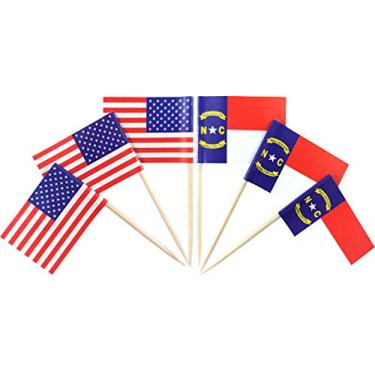 Imagem de JBCD Bandeira de palito de dente da Carolina do Norte pequenas bandeiras de topo de cupcake, 100 peças EUA e 100 peças Carolina do Norte
