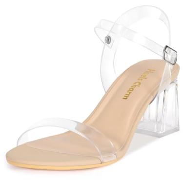 Imagem de Heels Charm Sandália feminina de salto grosso, salto alto, 6 cm, bico aberto, tira no tornozelo, salto alto, sandália para dança, uso diário, trabalho, festa, Bloco transparente nude, 40