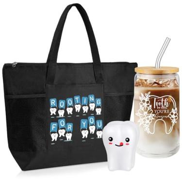 Imagem de Sliner 3 peças de presente de agradecimento higienista dental para mulheres presentes de assistente dentário copo de vidro inspirador dentista grande com zíper sacola de dentes falsos brinquedo para