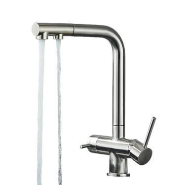 Imagem de Torneira de latão com filtro para cozinha, torneira giratória com spray retrátil, torneira dupla para água potável, misturador de pia, níquel escovado