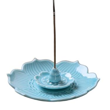 Imagem de Sengocis Suporte de incenso para palitos de cerâmica, queimador de incenso de lótus, suporte de incenso e apanhador de cinzas destacável (azul 02, 11 cm)