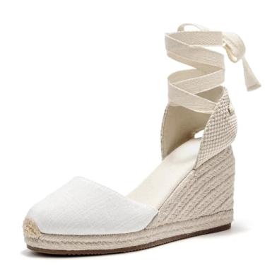 Imagem de U-lite Sandália feminina espadrille rasteira fechada no tornozelo, cadarço clássico verão elegante sapatos rasos, Tela branca - 7,6 cm, 38