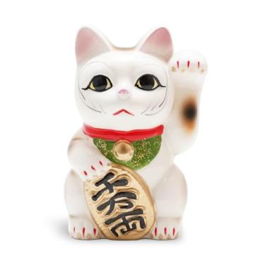 Imagem de Seto-yaki Maneki Neko Cofrinho, 16 cm, estatueta japonesa de gato da sorte pintada à mão, cofre de dinheiro de cerâmica para decoração de casa, talismã da fortuna e prosperidade (branco/mão esquerda