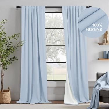 Imagem de Cortinas azuis claras de 246 cm de comprimento para sala de estar, linho, blecaute, escurecimento, aba traseira, plissada, tratamentos térmicos, azul-claro, cortinas pretas para decoração de quarto, 2