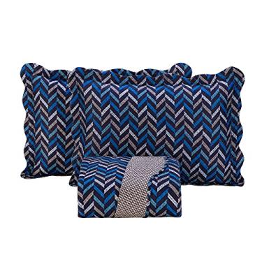 Imagem de Kit Cobre Leito Colcha King 3 Peças Boutis Estampada Dupla Face Porta Travesseiro Aba Americana (Montreal Azul)