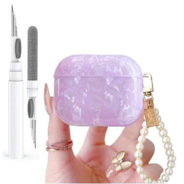 Imagem de Olytop Capa para Airpods 4 com glitter fofo 2024 com caneta limpa, padrão de concha Apple Airpods iPod 4ª geração, capa protetora para meninas e mulheres com chaveiro pérola de luxo, roxo