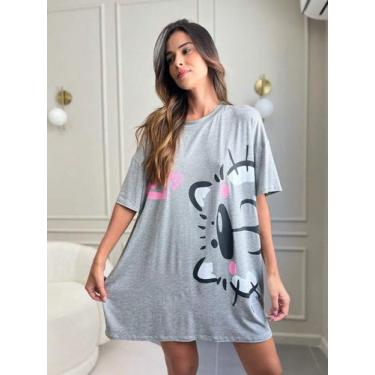Imagem de Camisola Feminina De Dormir Camisetão Verão Gatinho Cinza Noite, P
