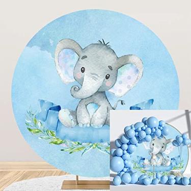 Imagem de OERJU 2,2 x 2,3 m elefante azul pano de fundo redondo aquarela desenho animado elefante chá de bebê fotografia pano de fundo círculo capa de fundo para bebê menino aniversário revelação de gênero