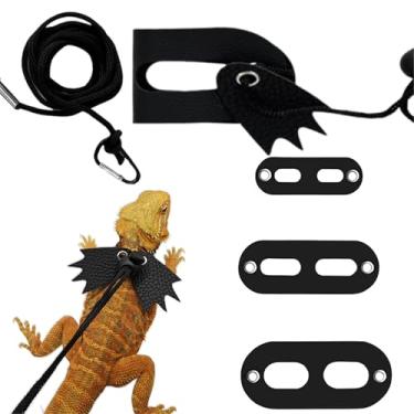 Imagem de Peitoral de lagarto de dragão barbudo, acessórios de coleira de lagarto ajustável, corda de dragão barbudo alado e arnês de couro de 3 tamanhos para lagarto camaleão anfíbio (preto)