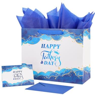 Imagem de Jaywayang Saco extra grande de presente feliz dia dos pais de 39,9 cm com cartão e papel de seda (azul e branco)
