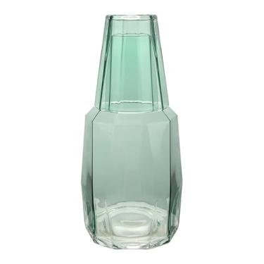 Imagem de Bruno Magli Garrafa Green Geo | Conjunto de 2 peças | Copo de vidro funciona como uma tampa | Jarra de água elegante para mesa de cabeceira com copo combinando para decoração de escritório, casa e