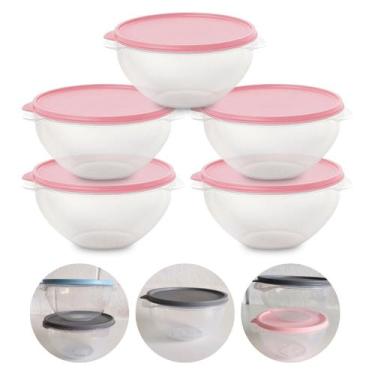 Imagem de Kit 5 Pote de Plástico Hermético 1L Marmita C/ Tampa Bowl Redondo Tije