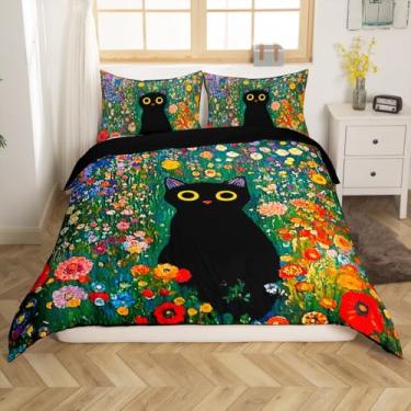 Imagem de jejeloiu Conjunto de cama de gato preto com estampa floral floral para crianças, meninos, meninas, estilo pintura a óleo, capa de edredom para animais de estimação, coleção de quarto, 3 peças, tamanho