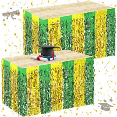 Imagem de Oudain Decorações de festa de formatura, pacote com 2 saias de mesa Gongrats Grad onduladas metálicas com franjas para mesa retangular e redonda classe de 2025 decoração de artigos de festa (verde