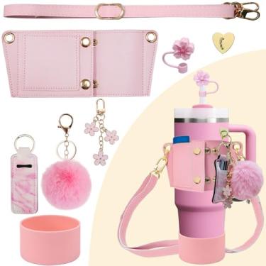 Imagem de SHEGZHUC 7 peças Stanley Cup Accessories, alça ajustável de couro para garrafa de água, tampas de canudo e suporte de copo protetor para 880-1180 ml (rosa)
