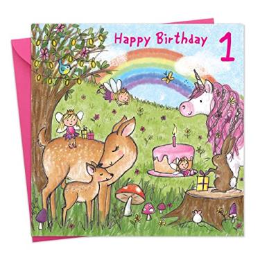 Imagem de Twizler 1st Birthday Card Girl with Unicorn – Cartão de aniversário de 1 ano – Cartão de aniversário para meninas 1 – Cartão de feliz aniversário menina 1 ano – Cartões de aniversário infantil